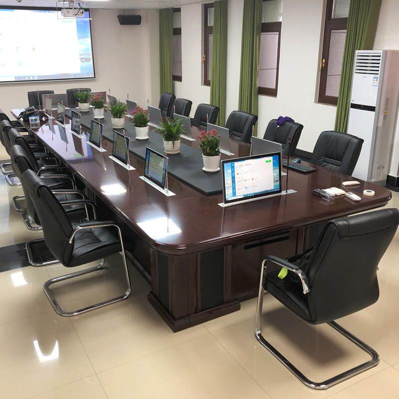 无纸化智能会议桌升降屏办公桌会议系统显示器大型实木烤漆长条桌