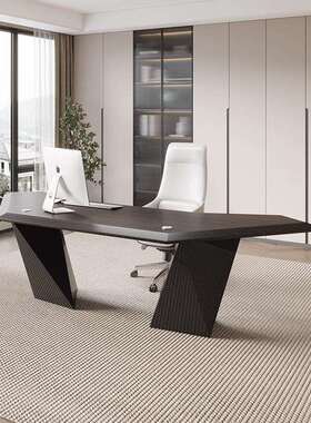 意式极简实木老板桌现代原木大板工作台黑色书桌创意办公桌椅组合