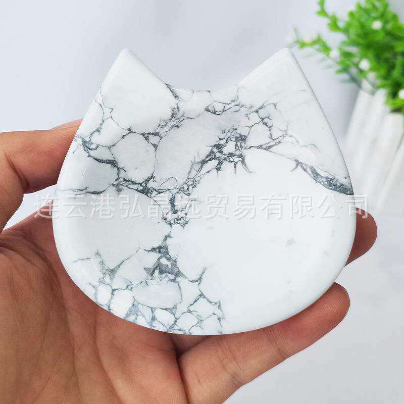 天然白纹石碗猫耳朵碗白松石猫盘水晶碗工艺品摆件家居装饰