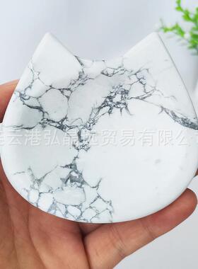 天然白纹石碗猫耳朵碗白松石猫盘水晶碗工艺品摆件家居装饰
