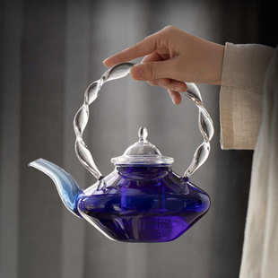 克莱因蓝玻璃煮茶壶电陶炉加热简约扭纹提梁大容量煮茶泡茶壶