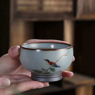 德化汝窑开片陶瓷手工手绘禅定杯个人主人杯喝茶杯家用杯品茗名杯