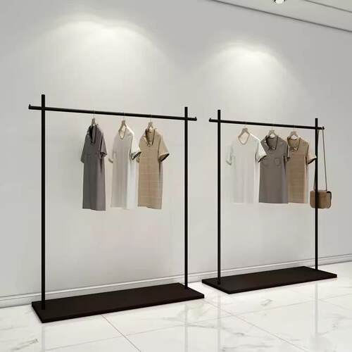 服装店落地式挂衣架新款简约现代带板陈列架中岛架哑光黑铁艺货架