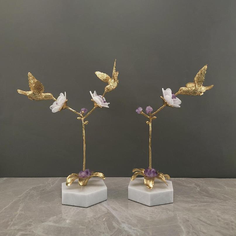 轻奢铜鸟晶石白色大理石家居艺术摆件卧室客厅电视柜家居装饰品