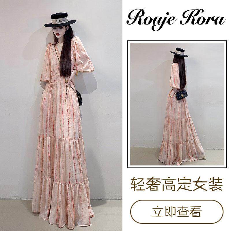 Rouje Kora法式度假风大摆连衣裙女夏季收腰显瘦长裙套头高腰裙子