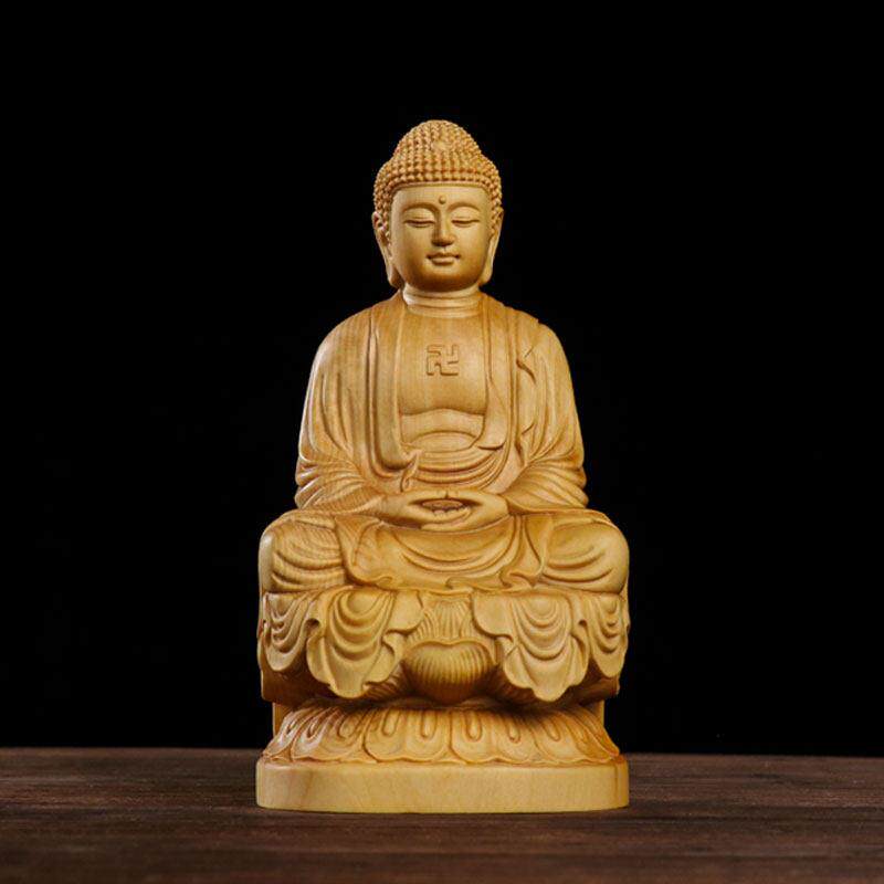 黄杨木雕释迦牟尼大日如来木质坐佛像玄关工艺品桌面车载摆件