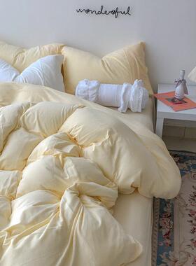 高档优恋家.居淡黄色棉柔软针织棉四件套全纯棉套床单1.5/18米床