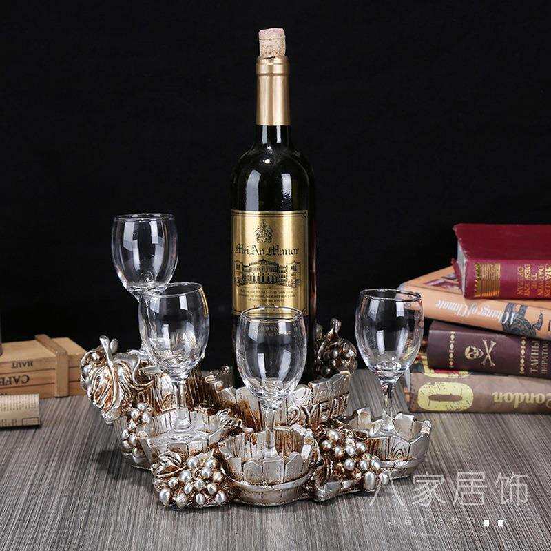欧式复古木桶红酒架可放四个酒杯 酒柜装饰品树脂摆件工艺品 热卖