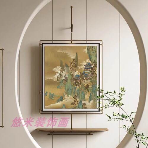 新中式带灯铁艺发光装饰画客厅玄关样板房带托盘高级感墙面挂画