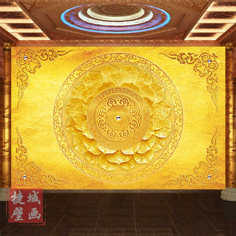 金色莲花吊顶壁纸酒店装饰画布藏式唐卡墙纸寺庙佛堂天花板背景墙