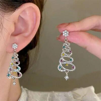 Zircon Christmas Tree Earrings Rhinestone Xmas Tree Drop Ear
