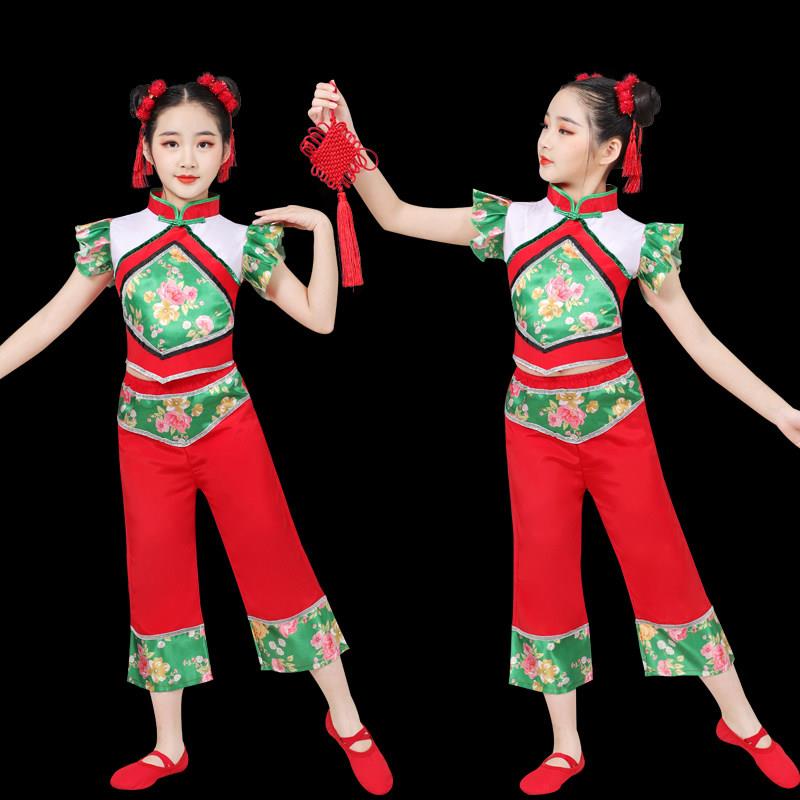 新款六一儿童秧歌舞蹈演出服男女红色喜庆打鼓服幼儿开门红扇子舞
