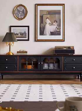 法式复古实柜木茶几视红黑色美式QAO电客厅落地储物柜收纳网新款