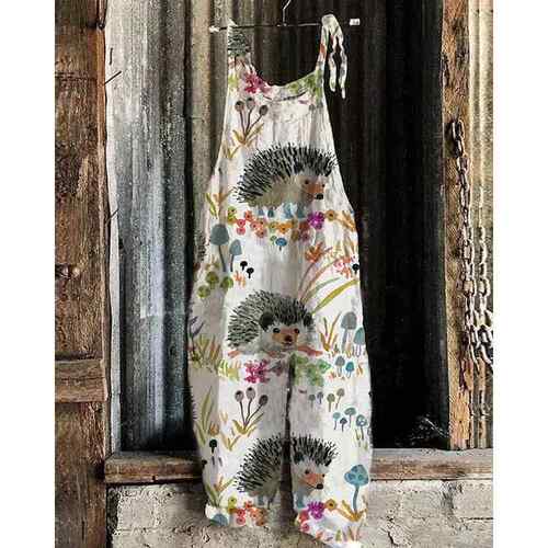 Women's cotton and linen overalls, printed overalls,