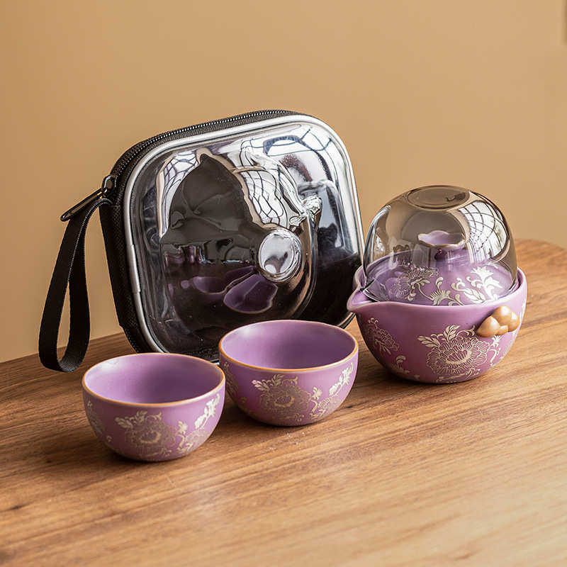 描旅行二杯功夫客套装银茶具一壶高档便携式牡丹杯小套快茶杯茶壶