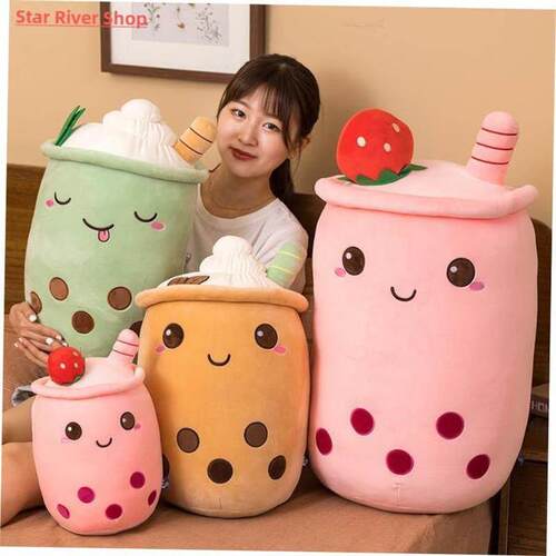 Cute Boba Milk Tea Plushie Toy Soft Stuffed Apple Pink Straw