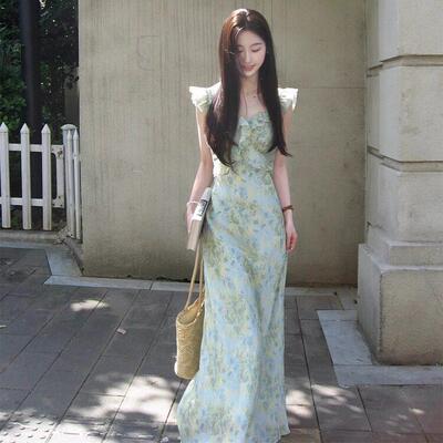 小清新清冷感气质洋装女夏包臀长裙修身显瘦海边度假裙子温柔风