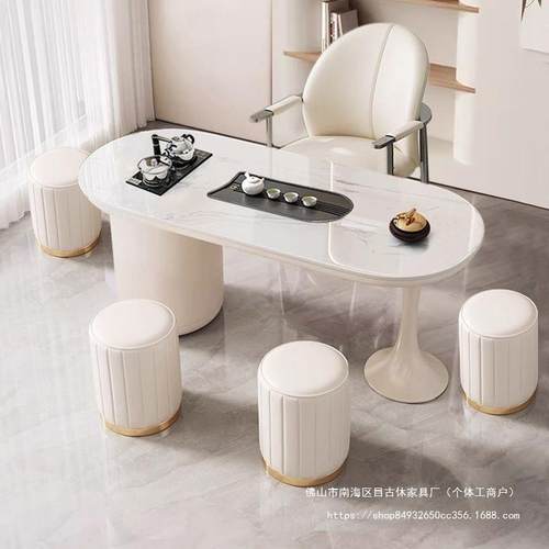 岩板办桌面茶桌SSV现体代简约公室茶桌一一整套轻奢办家用公阳台