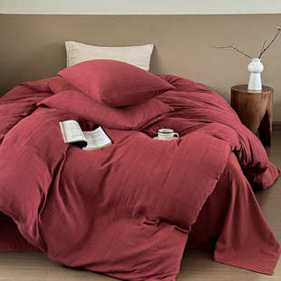 复古红色全棉纯棉色织双层纱布四件套新婚庆床单被套结婚床上用品