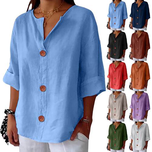 Shirt Blouse Womens Casual Fashion Cotton Linen V-Neck