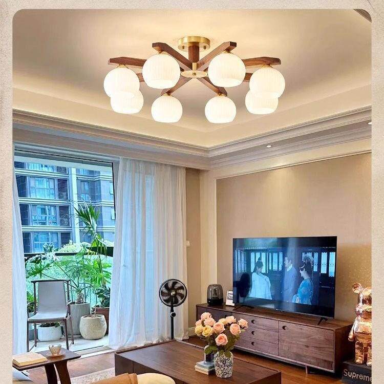 中古风客厅吸顶灯复古胡桃木S式大气宋北欧风显色灯具照明