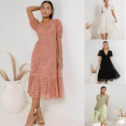 Lace dress collar short sleeved hollow out single waist