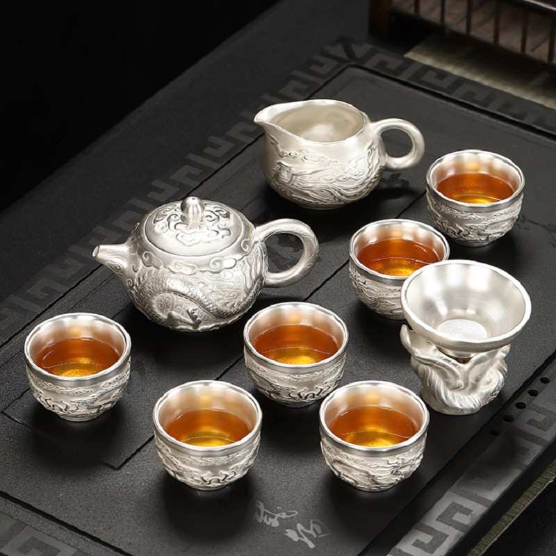 真银包银质龙凤高级瓷鎏银功夫养生茶壶茶杯整套装家用会客