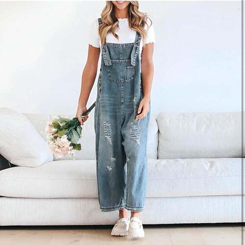 Womens Denim Overalls Casual Jumpsuits Loose Fit Adjustable