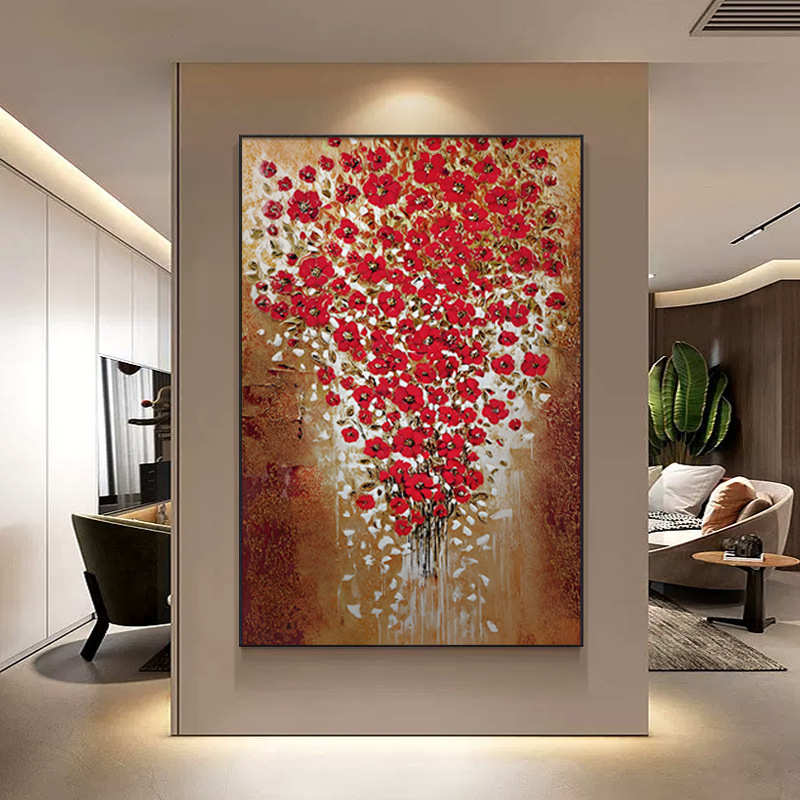 红色花卉手绘油画玄关装饰画高级感大芬村装饰画客厅走廊过道挂画图片