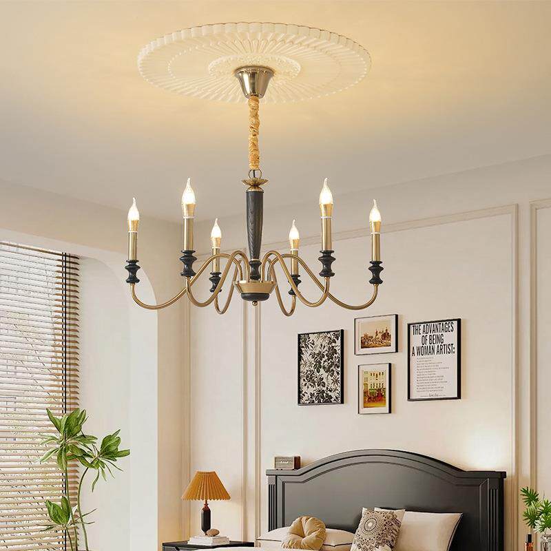 美式复古客厅吊灯简约中古风餐厅卧室书房灯创意个性实木蜡烛吊灯