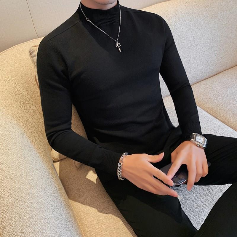 新款男士无痕半高领毛衣秋冬季修身色感紧身中领长袖针织打0920z
