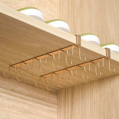 6 Hooks Cup Holder Hang Kitchen Cabinet Under Shelf Storage