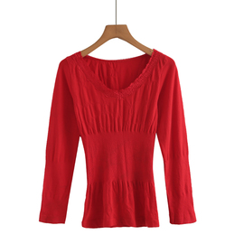 保暖内衣女蕾丝v领打底衫，红色上衣修身长袖紧身单件内穿秋