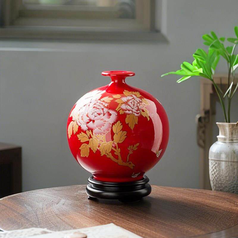 德化中国红陶瓷花开 富贵牡丹大红色花瓶摆件工艺品高档客厅高级