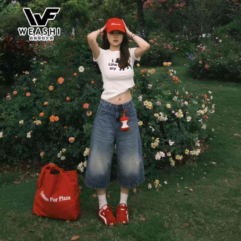 美式复古七分牛仔裤女2026新款高腰直筒休闲宽松垂感阔腿中裤短裤
