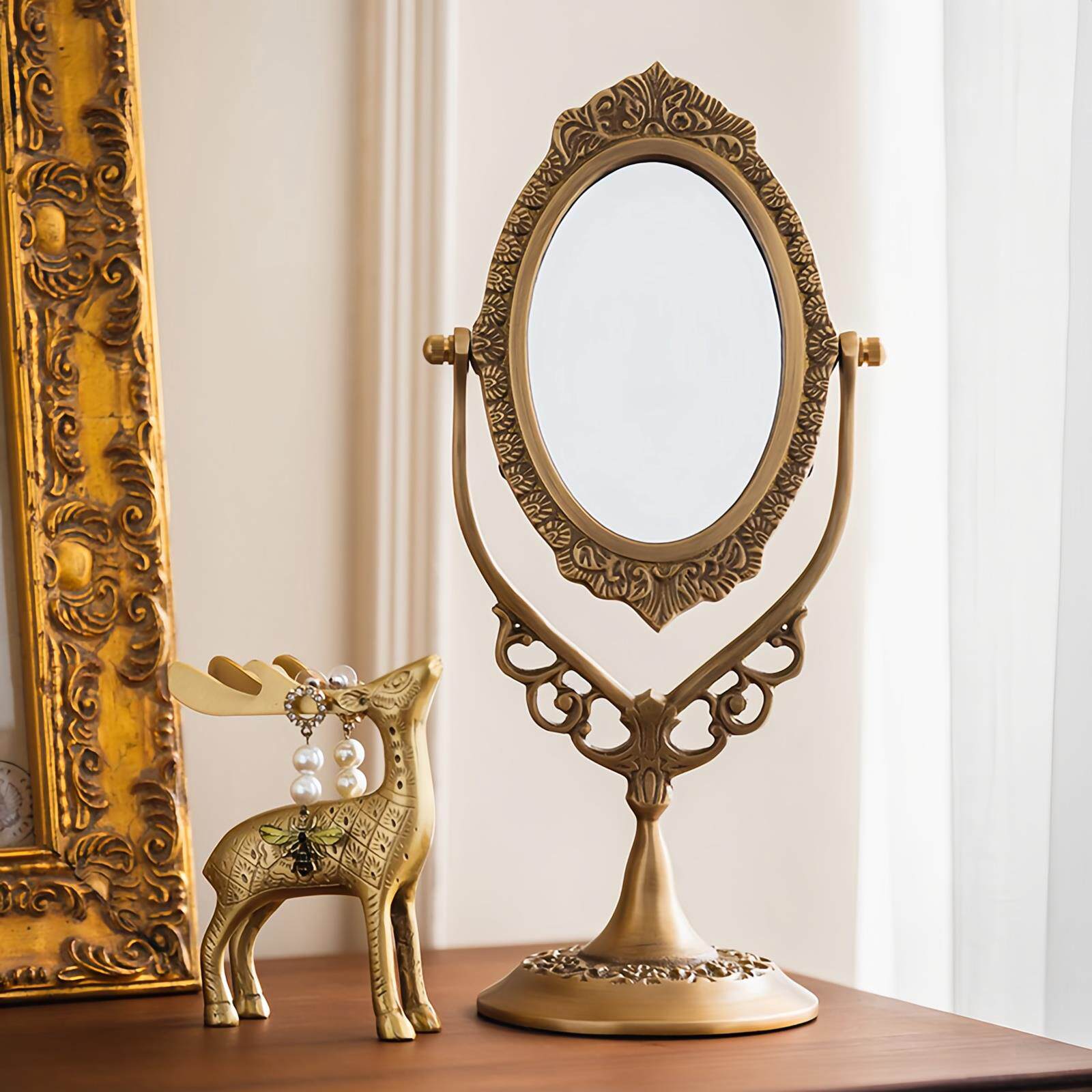 覆古家居铜镜化妆镜欧式轻奢雕花黄铜台式化妆镜工艺摆饰高级感