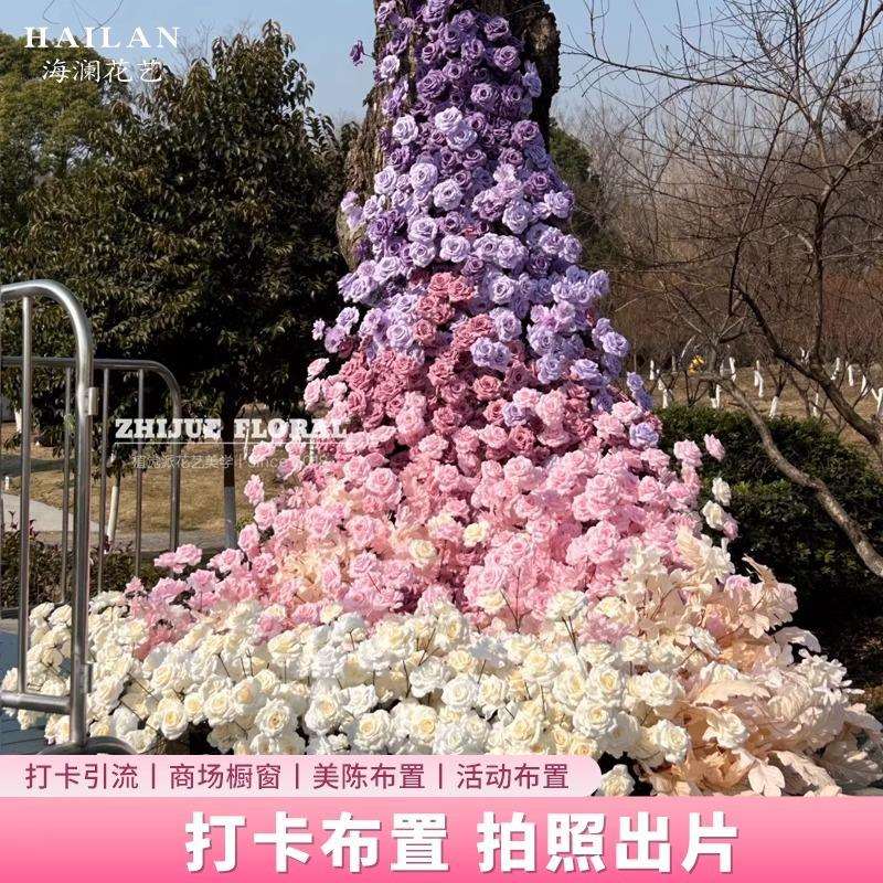渐变瀑布花墙玫瑰仿真花摆设高级感逼真美陈场景布置网红打卡造景