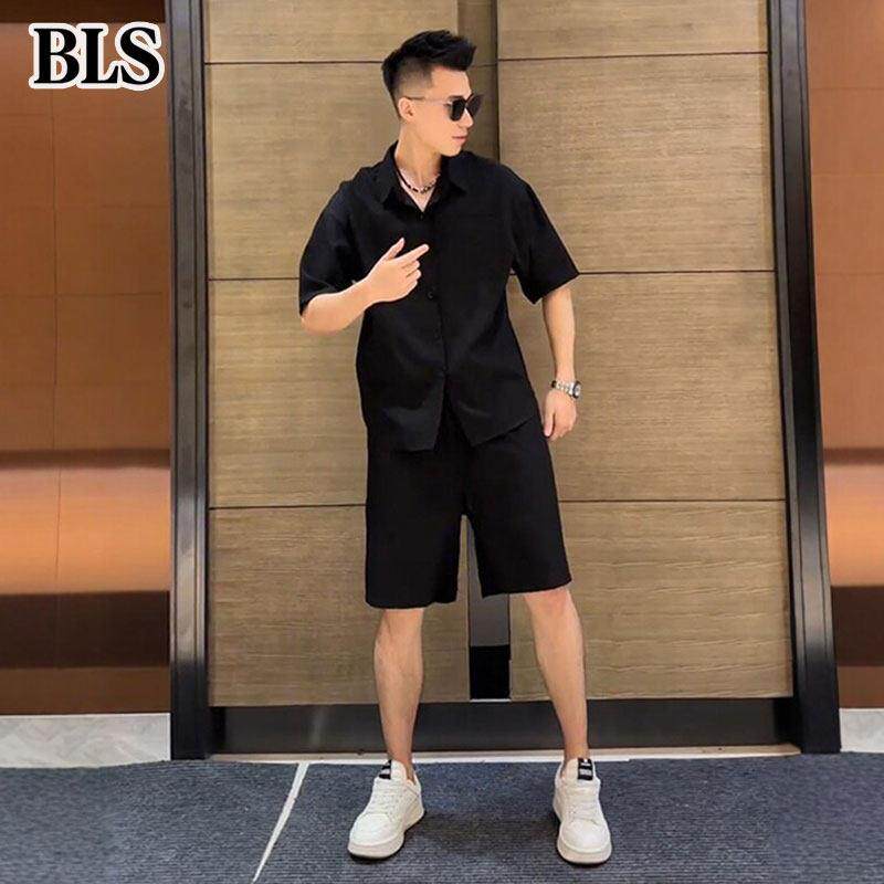 高端醋酸冰丝短袖衬衫套装男夏季2026新款休闲运动短裤男士两件套
