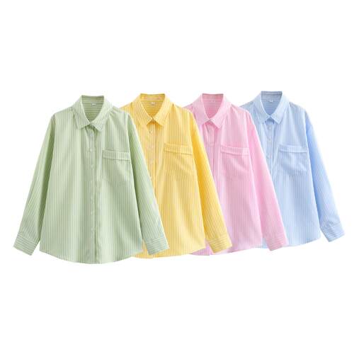 Four color striped single mouth pocket decorated shirt