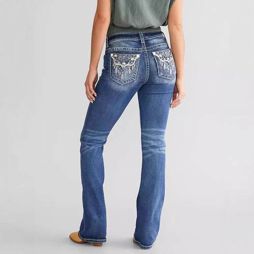 Women Mid Rise Bootcut Jeans Faux Flap Pockets Embroidered