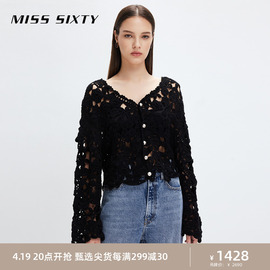 Miss Sixty2023秋季毛织外套女性感V领镂空钩花度假宽松开衫