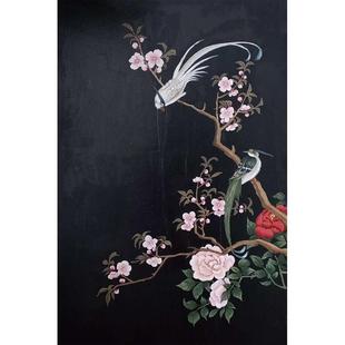 感牡丹花花鸟装 客厅挂画美学手绘新复古油画摆件玄关中式 饰纯高级