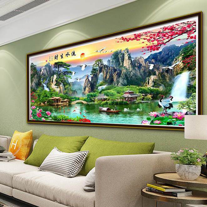 新流水生财风水佳作十字绣客厅大幅风景画线绣手工印花刺绣山水图