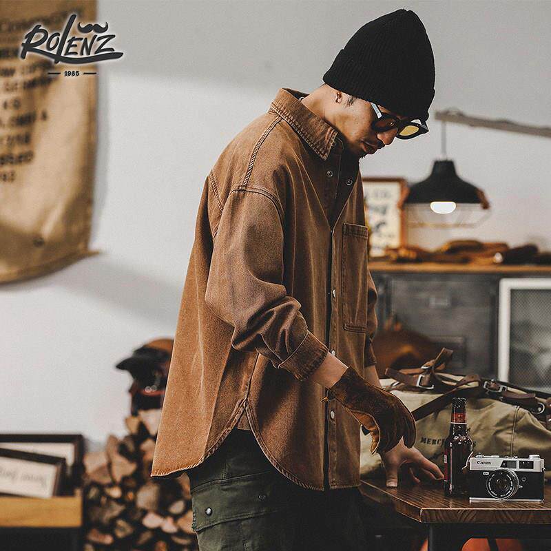 ROLENZ美式重磅长袖衬衫男宽松潮牌痞帅工装夹克复古春季牛仔外套
