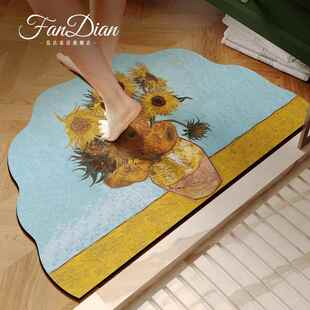 美式半圆形向日葵浴室地垫化妆室防滑脚垫矽藻泥吸水凉垫黄色小地