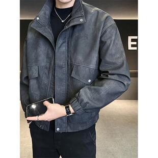 香港新款秋冬季美式潮牌皮衣外套男款翻领机车皮夹克覆古潮流厚款