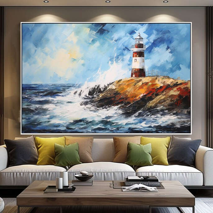 大芬村纯手绘油画抽象大海风景灯塔客厅装饰画肌理感餐厅卧室挂画