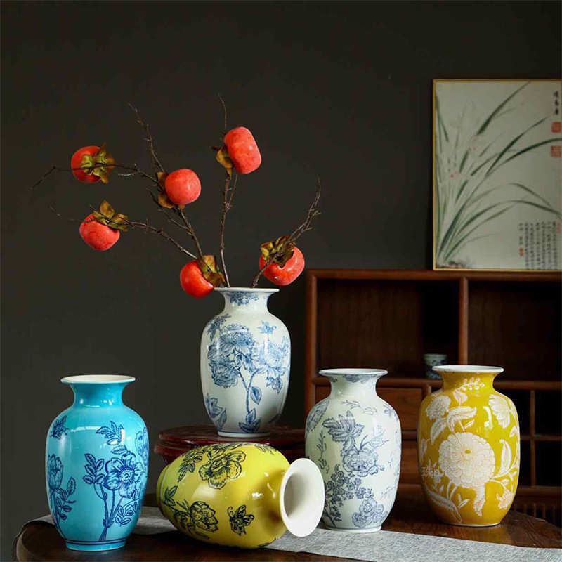 中式花瓶桌面插花青花瓷摆件复古花瓶高级感手绘新花瓶景德镇陶瓷