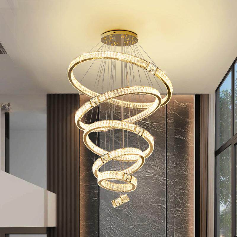 别墅高挑空客吊灯轻奢大气楼中楼跃挑水晶874灯层复式楼挑空大吊