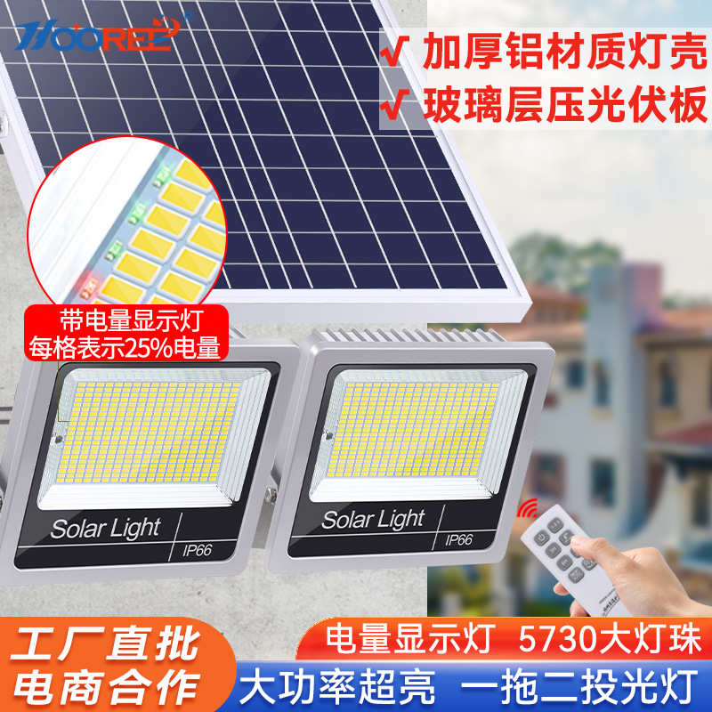 太阳能投光灯 大功率led一拖二户外泛光灯带遥控聚宝盆铝材质路灯